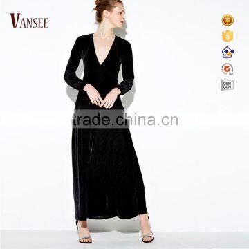 Plain black long sleeve soft deep v sexy slim fit elegant long evening dress