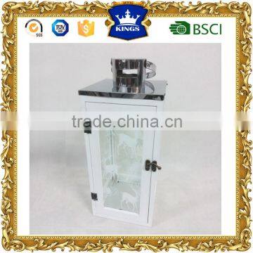 Stainless steel lantern with silk printing glass panel for Christmas decor