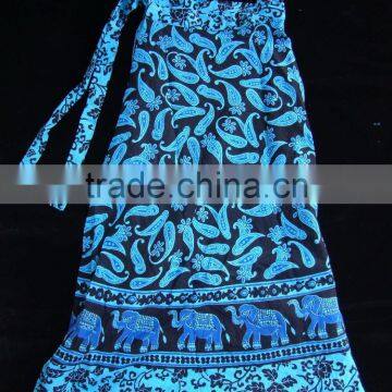 HIPPIE ETHNIC INDIAN COTTON HAND BLOCK PRINT WRAP AROUND SARONG Blue SKIRT