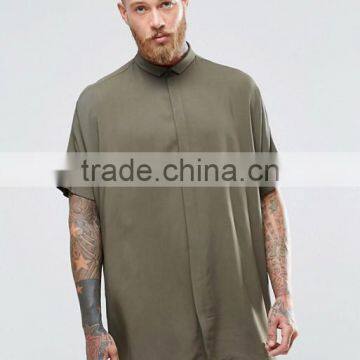 Guangzhou Factory High Quality Custom Short Sleeve Point Collar Mens 100% Viscose Oversized Fit Casual Green Solid Shirts