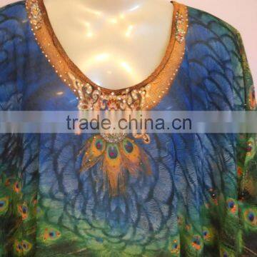 Peacock Print Embellished Kaftan CAFTAN Tunic Poncho Blouse photo-2