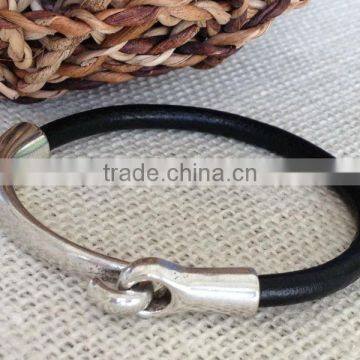 fashion Leather bracelet, Antique Silver Hook Clasp-can stamp custom logo, Leather Bangle for girls and boys, unisex bracelet