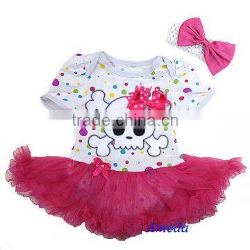 Baby Colorful Polka Dots Hot Pink Skull Pettiskirt Bodysuit Romper and Headband NB-18M