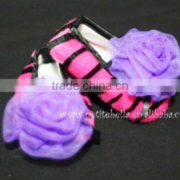 Hot Pink Zebra Print Shoes with Dark Purple Rosettes Pettishoes Crib Shoes MAS28