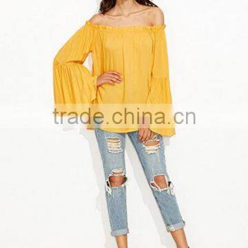 Women Lady Blouse Off Shoulder Pleated Ruffle Sleeve Blouse Top photo-2