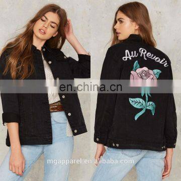 Custom Women Fashion Rose Embroidered Denim Jacket 2017