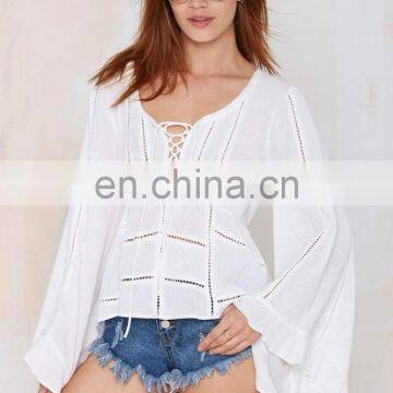 New Fashion White 100 Cotton Top Sheer Top Bell Sleeve Top Selling Products in photo-2