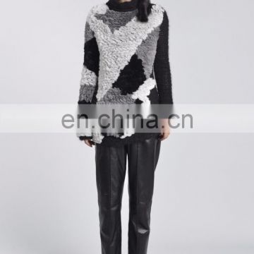 Rex Rabbit Fur Knitting Sweater Stylish Cross Knitted Fur Coat Mixed Color Knitting Loose Overcoat