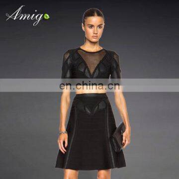 Fashion high quality half sleeve mesh tops with short skirt dresses