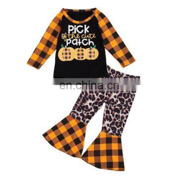 Baby Kids Halloween Pumpkin plaid long sleeve & Cheetah Bell Bottom  Ruffles Pants set kids Ruffle Christmas set