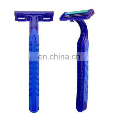 Wholesale customized trendy newest design double layer manual razor stainless steel blade blue handle razor