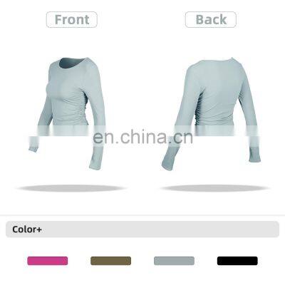 Ribbed Side Folding Yoga Tight Tshirts Factory Sale Women Long Sleeve Outdoor Sports Tops photo-5