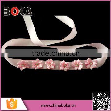 BOKA Stylish Pink Satin Ribbon Sash Applique with Satin Flowers Decorations