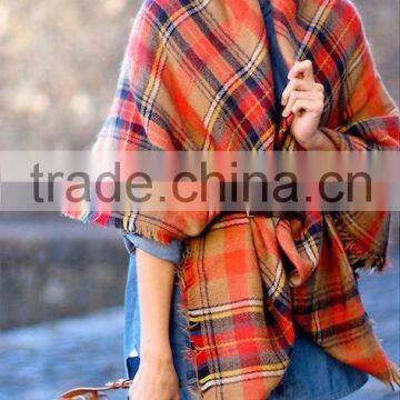 New Design Fashion Woman Orange Plaid Cashmere Square Shawl photo-6