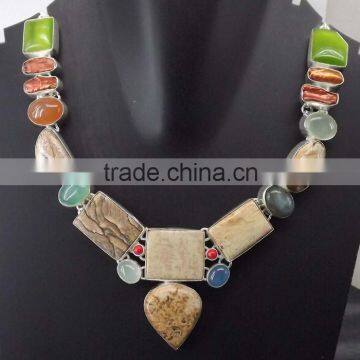 Picture Jasper, Green Monalisa, Labradorite, Onyx, Coral, Biwa Pearl Necklace plated 925 Sterling Silver 73 Gms 18-20 Inches