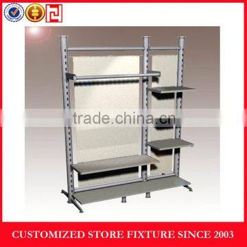 Metal clothing display rack with metal shelves and hanging rail for retail