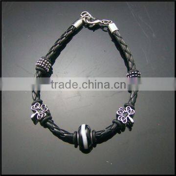 Chinamade personalised cheap price floral bead and zircon bead hang PU cord bracelet