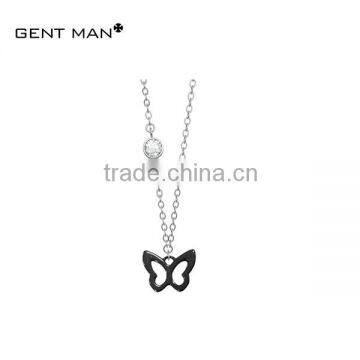 Chinese Stylish Custom Wholesale Stainless Steel Black butterfly ceramic and White Chain Necklace with one large stone setting