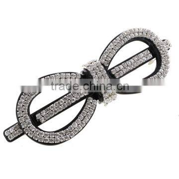 High Quality Hollow Ellipse Single Stick Bow-knot Hairpins Jewelry Strip Bow Black Plastic Crystal Beads Side Hair Pins For Lady