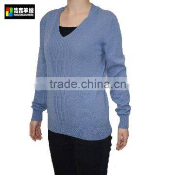 Woman Basic V Neck Cashmere Sweater, Basic Blue Plain Sweater photo-2
