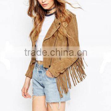 Women Clothes Factory Manufacturer 2015 Fashion Latest design Cool Short Biker jackets With Fringes