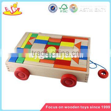 wholesale multi colored wooden blocks toy car for kids superior quality wooden blocks pull car toy for baby W13C014