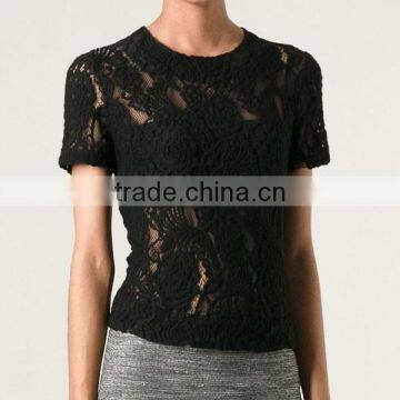 Ladies Formal/office Wear Elegant Transparent Short Sleeve Sexy Black Lace Blouse photo-4