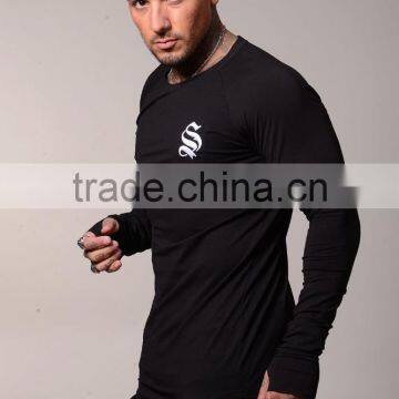 White 100% Cotton Men T Shirt with Thumb hole Raglan Long Sleeve Curved Hem T Shirt Black Tall T-Shirts Wholesale