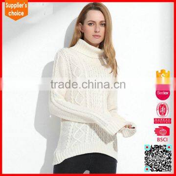 Latest design long sleeves solid turtleneck cable pattern pullover sweater