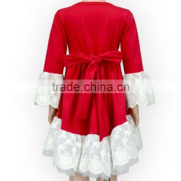 2017 Spring Boutique Clothing Plain Red Cotton Lace Trumpet Sleeves Design Baby Girl Dress photo-3