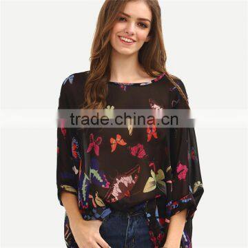 2017 Ladies Boho Batwing Sleeve Chiffon Butterfly Neck Design Blouse photo-5