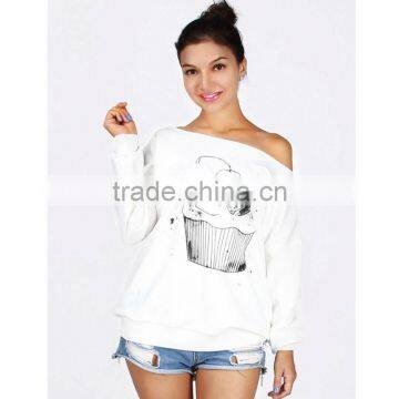 Latest White Off Shoulder Cake Print Sweatshirt for Women photo-4