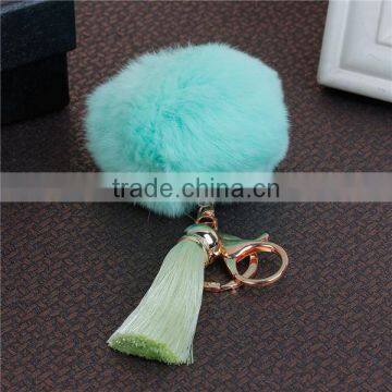 Fashion Gold Plated Mint Green Angora Pom Pom Ball Grass Green Rayon Tassel Keychain