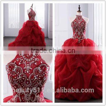 2018 Dramatic Quinceanera Dress Neck line Beaded Appliques Red Organza quinceanera gowns ED025201