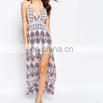 OEM Service China Factory Maxi Long Floral Plunge Spaghetti Strip Cross Back Side Split Beach Trendy Dress 2017