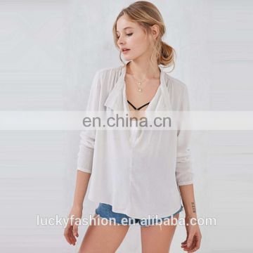 2016 Baiyimo wholesale women casual long sleeve comfort cotton shirt stand collar cream color blouses