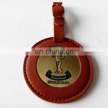 Luggage or bag tag with soft enamel process and sealed leather edge