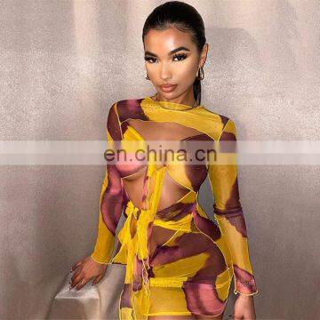 LAITE D2194 New Arrivals Fashion Hollowing Out See-through Sexy Dresses Women Long Sleeve Printed Casual Dresses photo-3