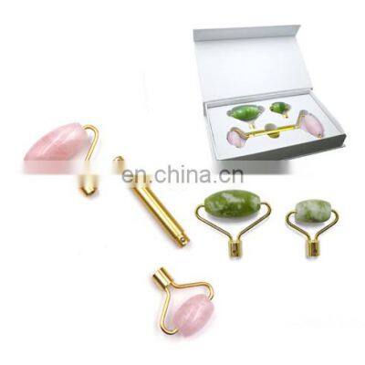 High Quality Facial Anti Aging Natural Rose Quartz Jade Stone Face Massage Roller Set