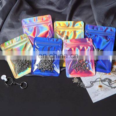 Front Clear Holographic Laser Aluminum Foil Smell Proof Flat Reclosable Zipper Food Storage Rainbow Mylar Packaging Pouch Bags