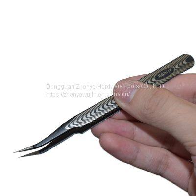 Single Fine Stainless Steel Black Anti-static Clip With Texture ESD-17 Tweezers for Eyelash Grafting