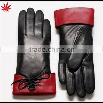 Ladies Gift All Palm Touch Screen Black and Red Sheepskin Leather Gloves