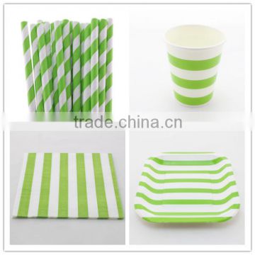 Wholesale Party Paper Tableware, Green Striped Paper Plates, Paper Cups, Paper Napkins, Paper Straws, Paper Bags