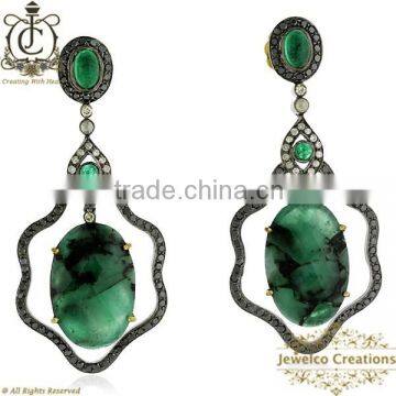 Emerald Gemstone Earrings, Pave Diamond Earrings, 14k Gold Gemstone Earrings, 925 Sterling Silver Diamond Jewelry Supplier