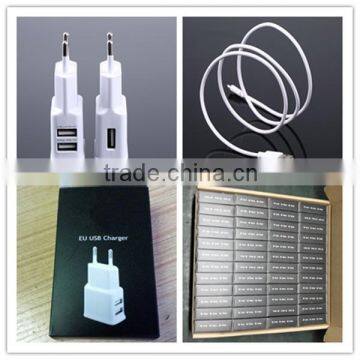 OEM black white gold cutomized logo package and 1m micro cable us eu plug 2a dual usb travel charger adapter set
