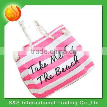 2015 new style stripe canvas rope handle beach bag