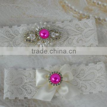 bridal garter set,elastic garter,hot pink wedding pearl garter