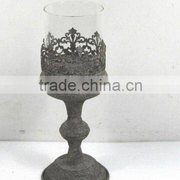 DIA12.5cm engraved metal candle holder w/antique rustic finish