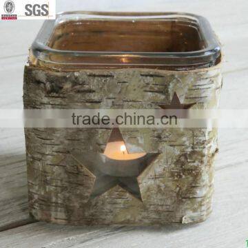 natural material wooden birch bark glass candle holder