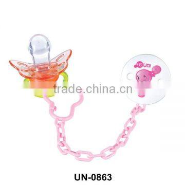 2014 Factory direct 100% food grade silicone baby clip pacifier with the chain UN-0863